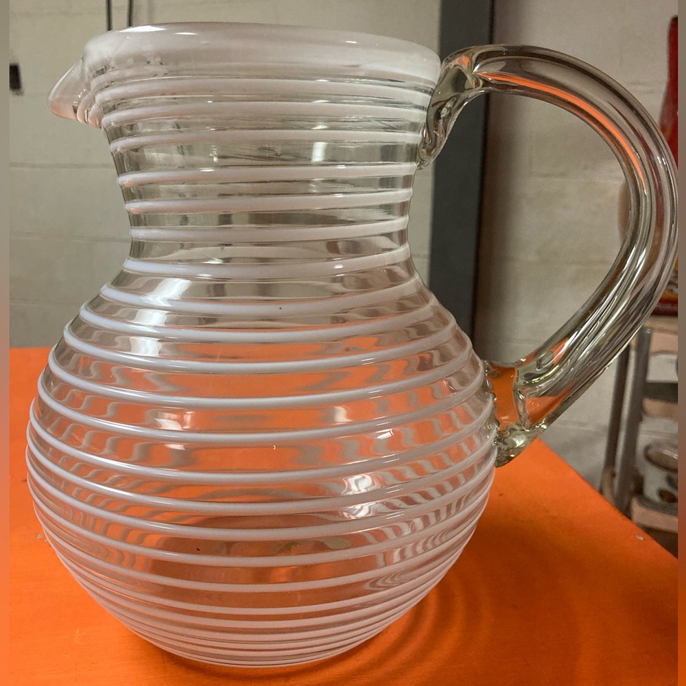 Mexican Hand Blown Glass Pitcher, White Striped